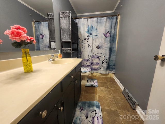 bathroom featuring visible vents, toilet, a shower with shower curtain, crown molding, and vanity