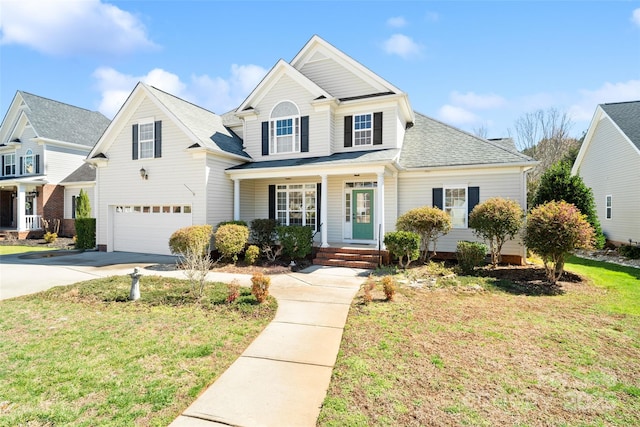 traditional-style home featuring a front lawn, a porch, roof with shingles, concrete driveway, and a garage