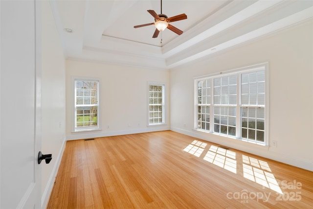 spare room with a healthy amount of sunlight, baseboards, light wood-style floors, and a tray ceiling