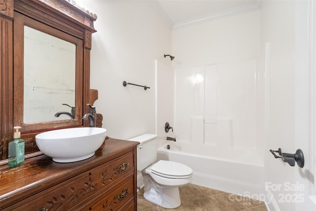 bathroom with tile patterned flooring, crown molding, toilet, shower / bath combination, and vanity