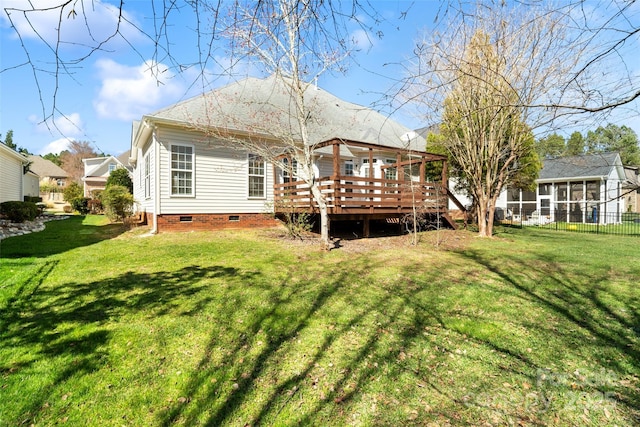 back of property featuring crawl space, a wooden deck, a yard, and fence