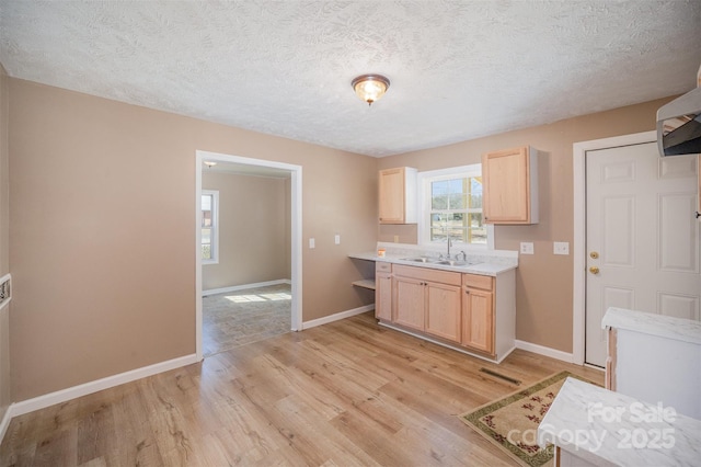 kitchen with light wood-type flooring, light brown cabinets, a sink, light countertops, and baseboards