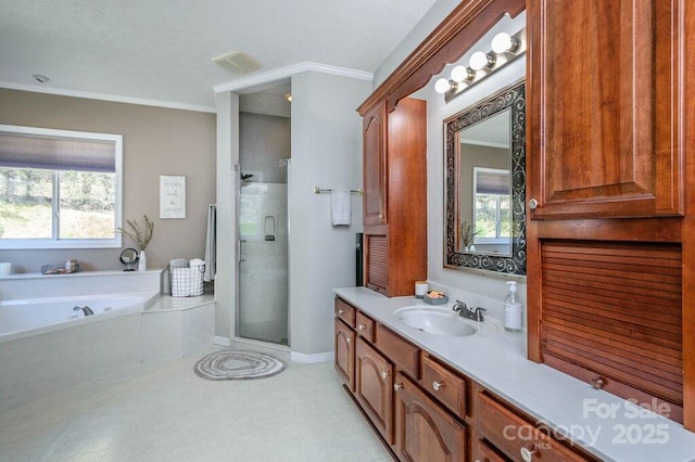 bathroom with vanity, a shower stall, a healthy amount of sunlight, and ornamental molding