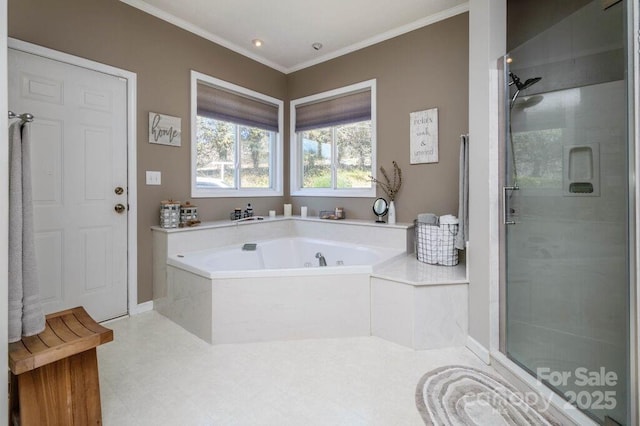 bathroom with a garden tub, a shower stall, and crown molding