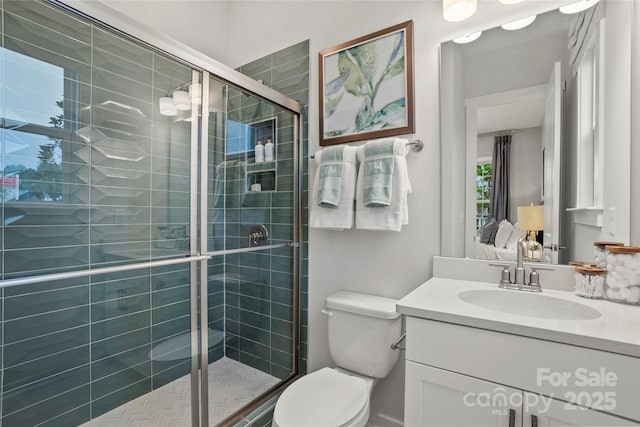 full bathroom featuring a shower stall, vanity, and toilet