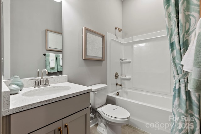 full bathroom featuring shower / bathtub combination with curtain, toilet, and vanity