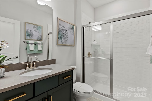 full bath featuring a shower stall, toilet, and vanity