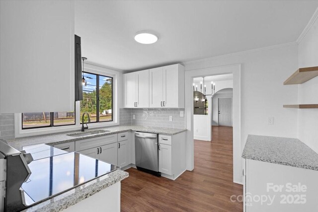 kitchen featuring open shelves, a sink, dark wood-type flooring, stainless steel dishwasher, and backsplash