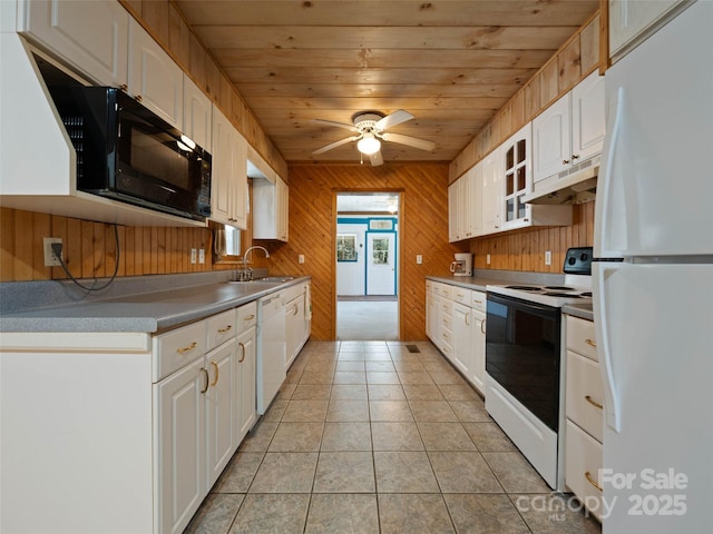 140 Hangin Dog Ln, Lake Toxaway, NC 28747 - kitchen featuring wood ceiling, under cabinet range hood, white appliances, and white cabinets
