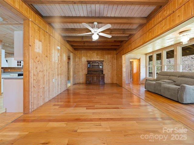 140 Hangin Dog Ln, Lake Toxaway, NC 28747 - interior space featuring ceiling fan, hardwood / wood-style floors, wood ceiling, wooden walls, and beam ceiling