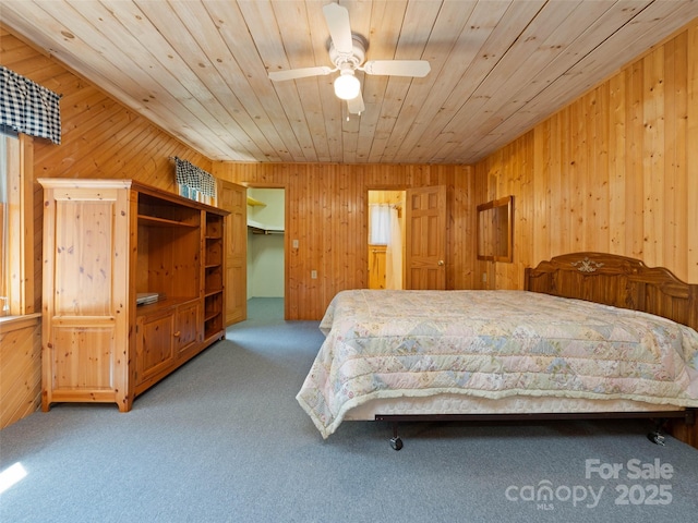 140 Hangin Dog Ln, Lake Toxaway, NC 28747 - carpeted bedroom with wooden walls, a ceiling fan, and wood ceiling