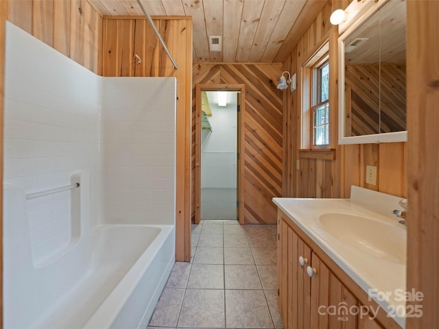 140 Hangin Dog Ln, Lake Toxaway, NC 28747 - bathroom featuring wood walls, tile patterned floors, vanity, and wood ceiling