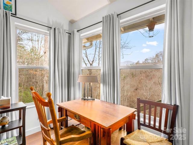 dining area with wood finished floors and vaulted ceiling