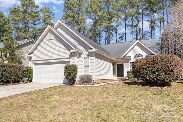 view of front of house featuring concrete driveway, a front yard, and a garage