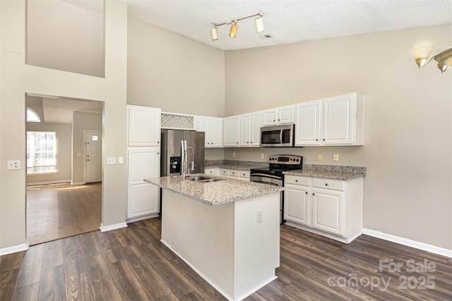 kitchen featuring dark wood-type flooring, an island with sink, a sink, stainless steel appliances, and white cabinets