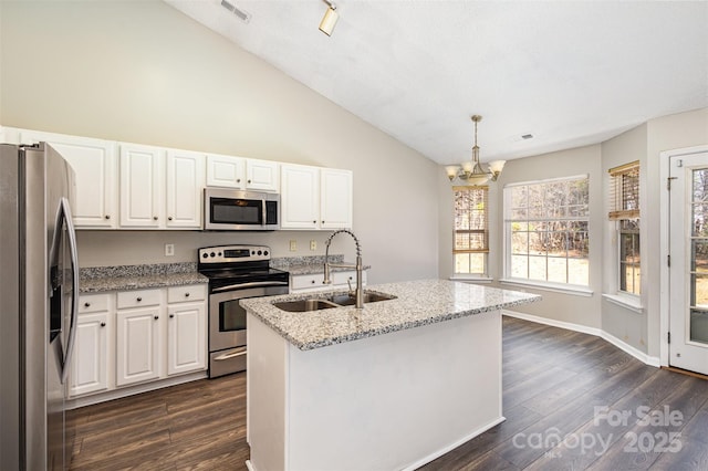 kitchen with visible vents, a sink, dark wood-style floors, appliances with stainless steel finishes, and white cabinets