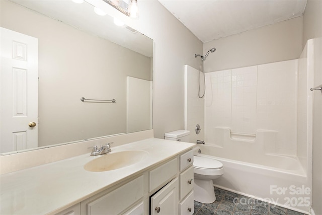 bathroom featuring shower / bathing tub combination, toilet, visible vents, and vanity