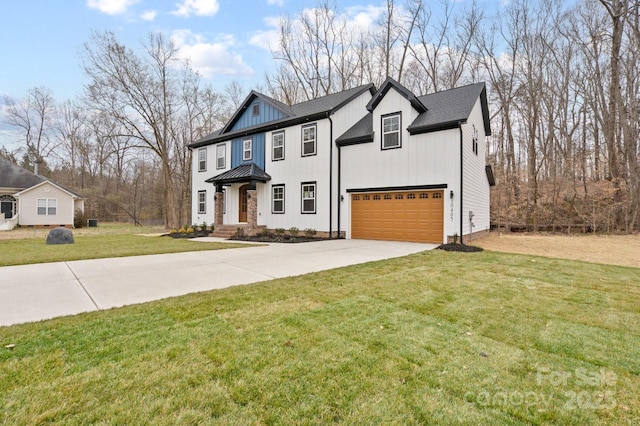 10405 Briarhurst Pl Unit 18, Mint Hill, NC 28227 - view of front of home with driveway, a garage, a standing seam roof, board and batten siding, and a front yard
