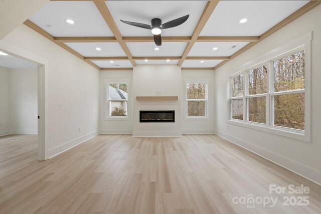 10405 Briarhurst Pl Unit 18, Mint Hill, NC 28227 - unfurnished living room featuring coffered ceiling, light wood-type flooring, a ceiling fan, beamed ceiling, and baseboards