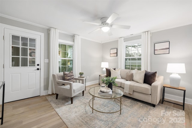 living area with light wood finished floors, ceiling fan, and ornamental molding