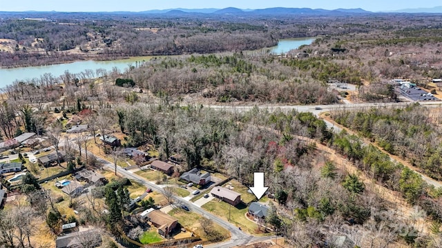 birds eye view of property with a view of trees and a water view