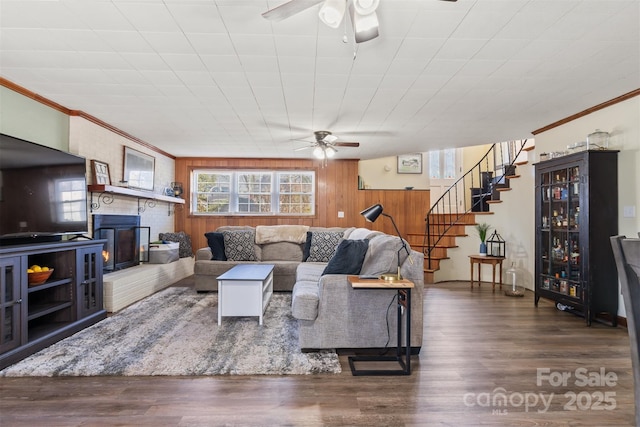 living room featuring wood finished floors, a fireplace, ceiling fan, stairs, and crown molding