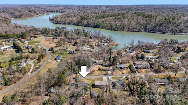 bird's eye view featuring a water view and a wooded view