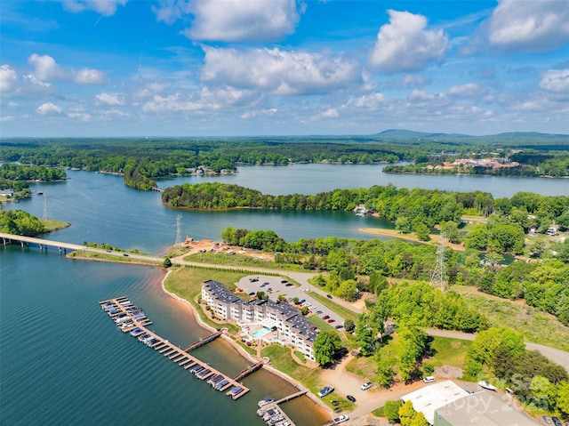 aerial view featuring a wooded view and a water view