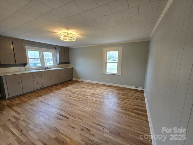 kitchen with a sink, a healthy amount of sunlight, light wood-style flooring, and crown molding