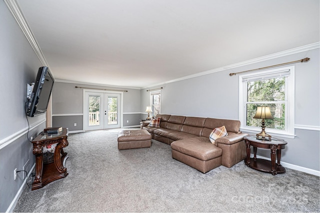 living area featuring crown molding, french doors, baseboards, and carpet floors