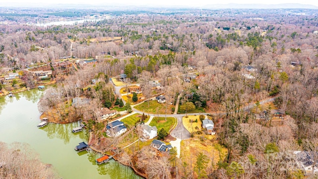 bird's eye view with a forest view and a water view