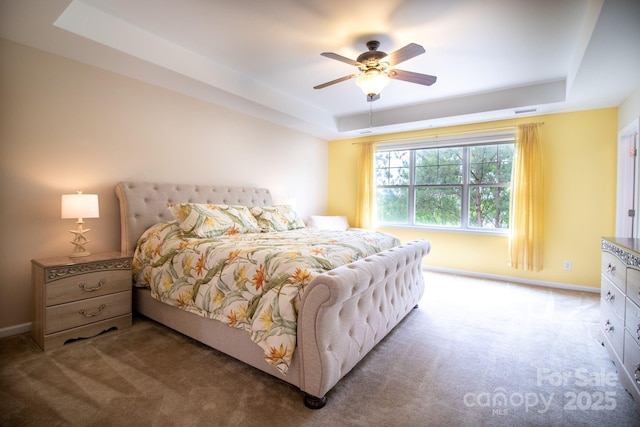bedroom with baseboards, a raised ceiling, and carpet