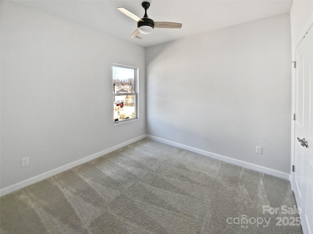 unfurnished room with carpet, baseboards, and ceiling fan