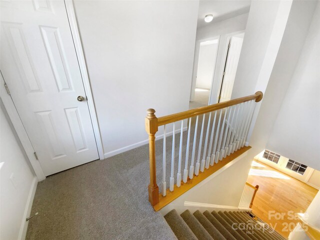 staircase featuring visible vents, baseboards, and carpet