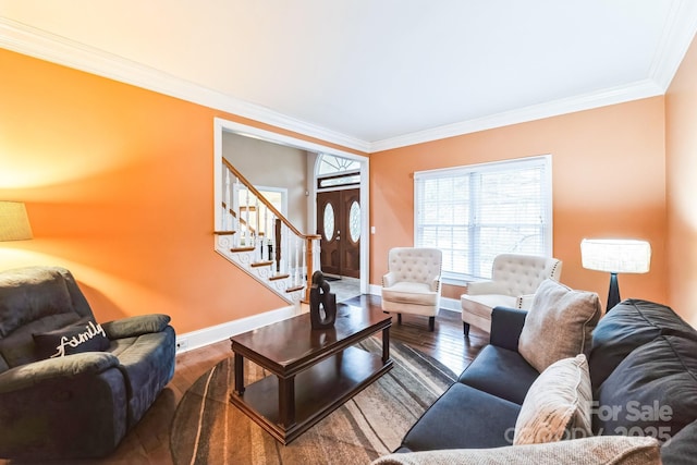 living room with stairway, crown molding, baseboards, and hardwood / wood-style floors