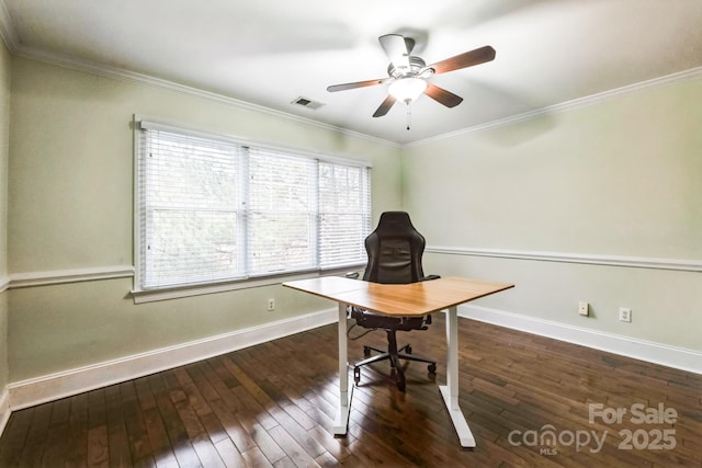 unfurnished office featuring visible vents, wood-type flooring, and ornamental molding