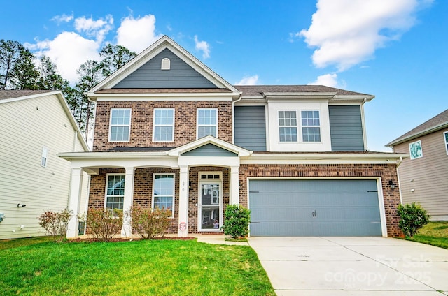 traditional-style house with a front lawn, an attached garage, brick siding, and driveway