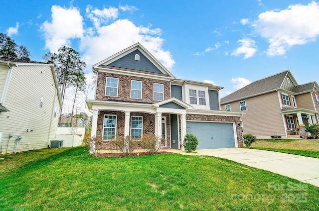 view of front of property featuring central AC unit, concrete driveway, a garage, and a front yard