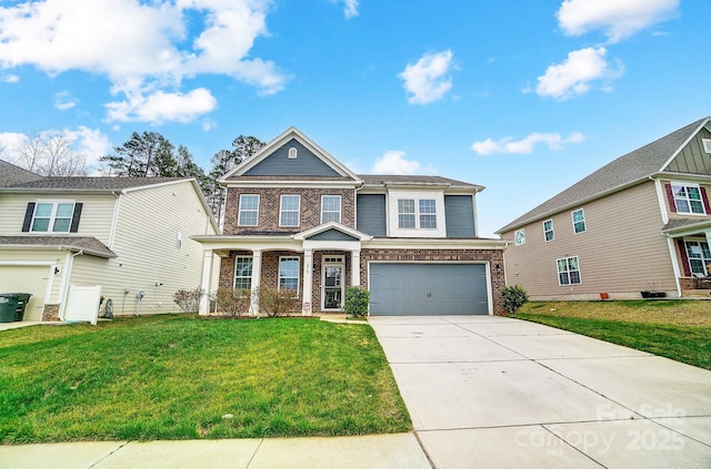 view of front of property with a garage, driveway, brick siding, and a front yard