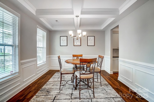 dining area featuring beamed ceiling, coffered ceiling, dark wood-style floors, an inviting chandelier, and crown molding