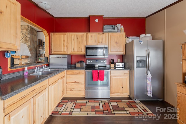 kitchen with dark countertops, light brown cabinets, stainless steel appliances, and a sink