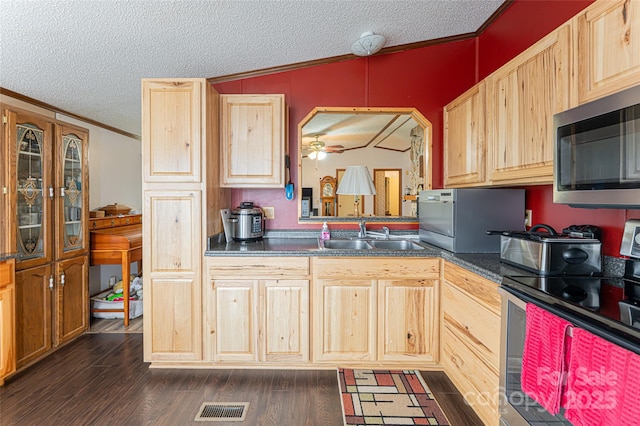 kitchen with ornamental molding, a sink, dark countertops, stainless steel appliances, and dark wood-style flooring