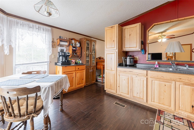 kitchen featuring a sink, visible vents, dark countertops, and light brown cabinets