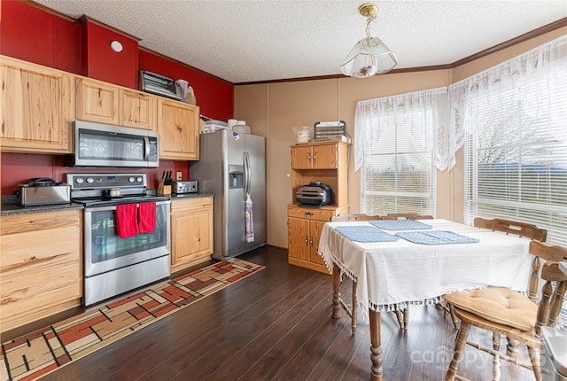 kitchen with a healthy amount of sunlight, light brown cabinets, crown molding, appliances with stainless steel finishes, and dark wood-style flooring