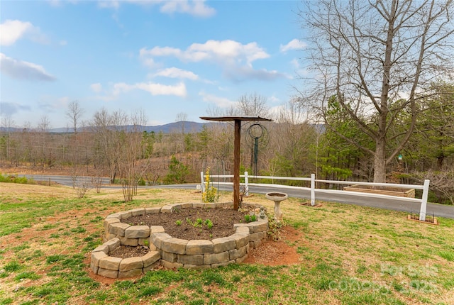 view of yard with fence and a mountain view