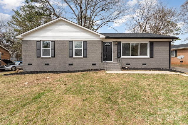 single story home featuring crawl space, brick siding, a front lawn, and entry steps