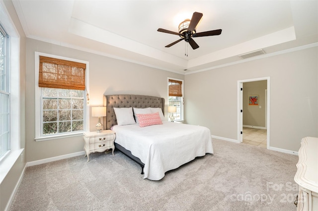 bedroom with a tray ceiling, carpet, and visible vents