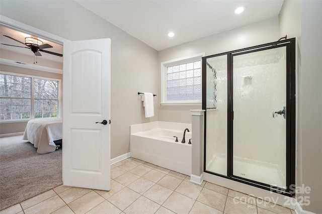 full bath featuring a bath, tile patterned flooring, a shower stall, and a ceiling fan