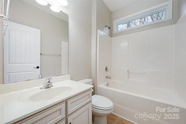 bathroom with tile patterned flooring, shower / bathtub combination, toilet, and vanity