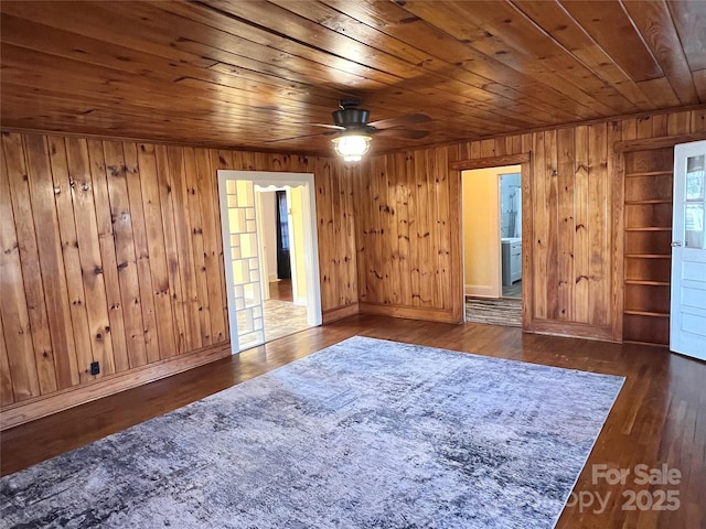 interior space featuring wooden ceiling, dark wood-type flooring, and ceiling fan